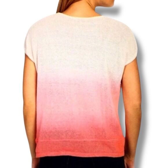 V Neck Short Sleeve White Pink Gradient Lightweight Knit Sweater Top by Mododoc - Picture 2 of 3